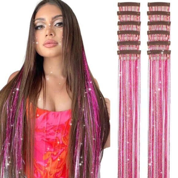 New 12Pcs 20" Hair Tinsel Rose Red Glitter Clip-in Hair Extensions for Parties